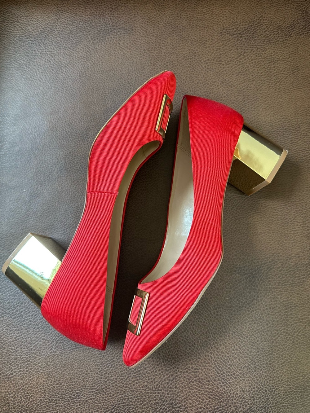 Crown & Ivy Red Block Heels with Gold Accent